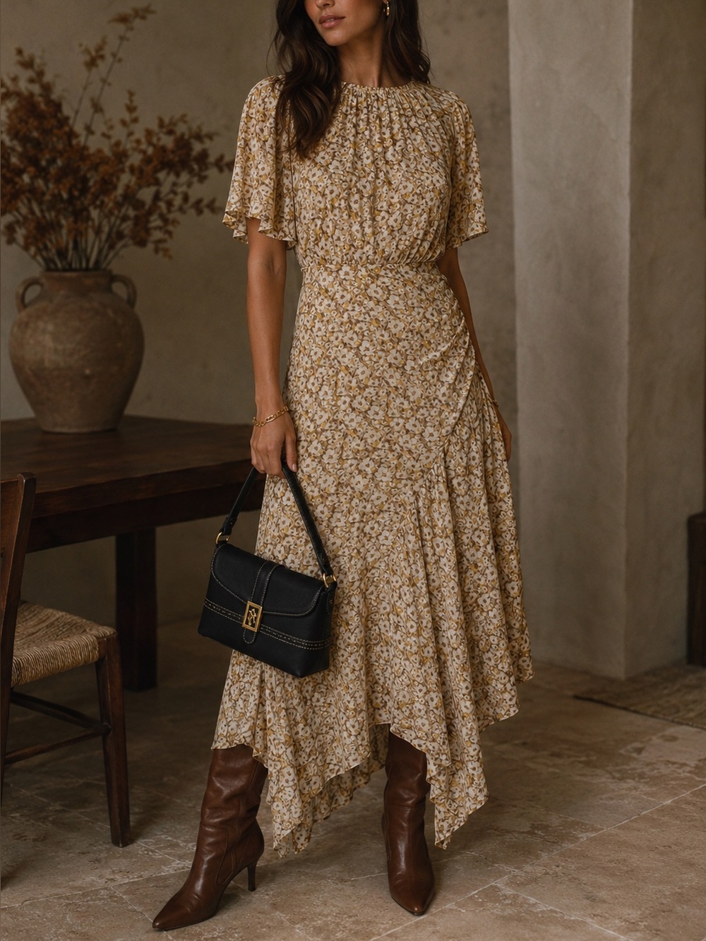 ASTR The Label Flutter Sleeve Floral Asymmetric Maxi Dress XS Mustard Metallic